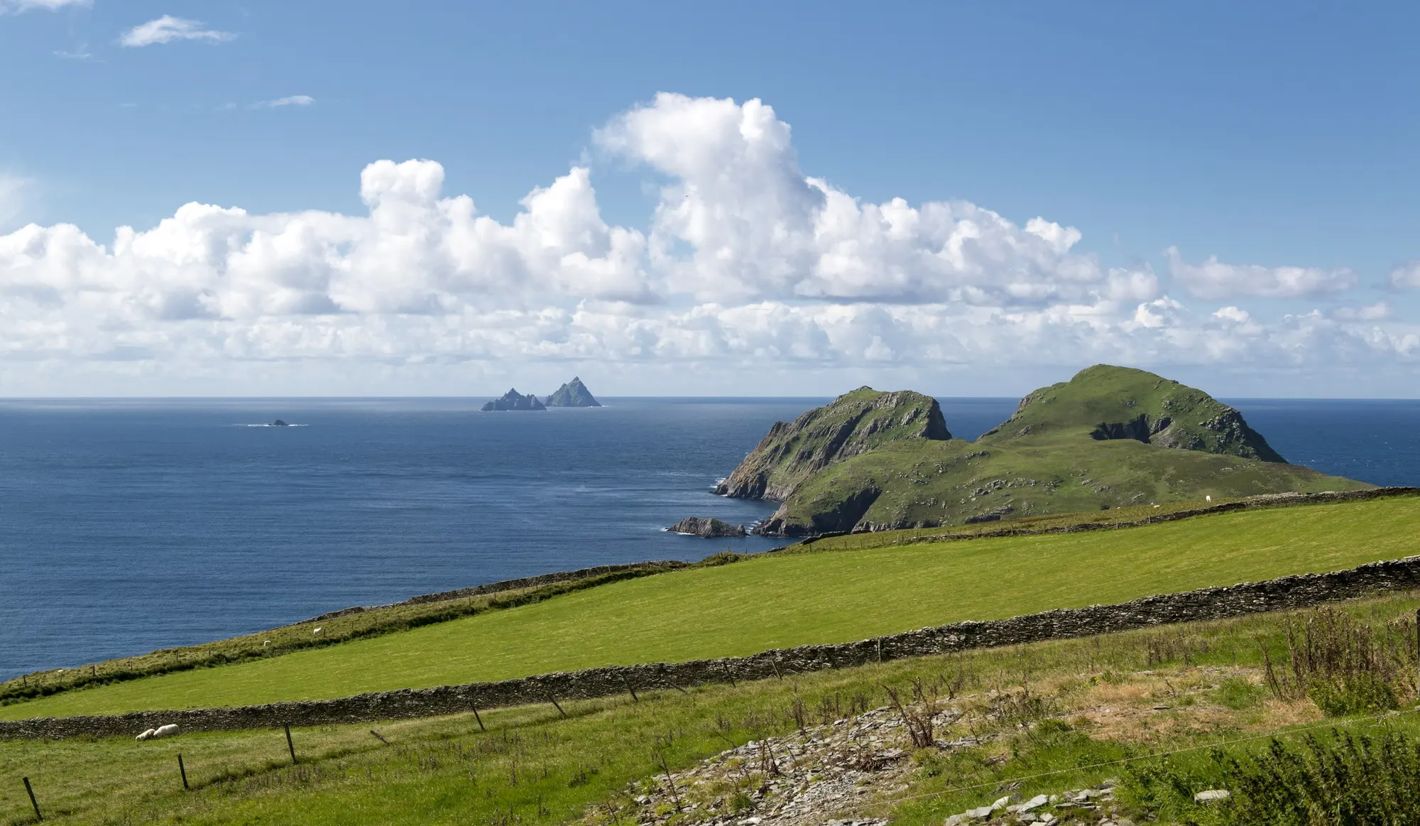 Skellig Michael and Little Skellig on the horizon, seen across stone-walled fields from the Kerry coast